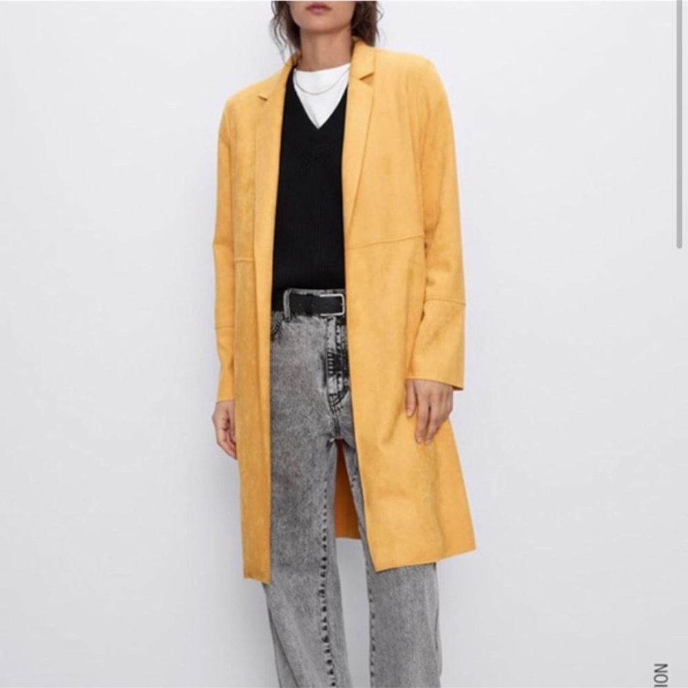 ZARA Mustard Yellow Suede Look Duster Coat – Size Small